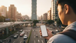 Tourist using mobile internet while exploring Taipei city in Taiwan