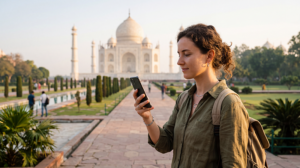 Tourist using mobile internet near the Taj Mahal with an India eSIM