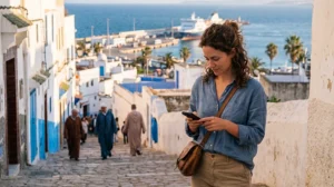 Tourist using mobile internet in Tangier Morocco