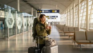 Traveller using internet after arriving at Taiwan Taoyuan International Airport
