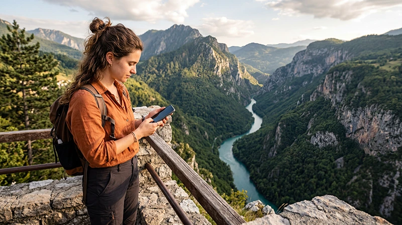 Traveler using mobile internet while visiting Tara Canyon in Montenegro