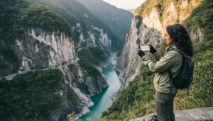 Tourist using mobile internet while visiting Taroko Gorge in Taiwan