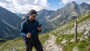 Hiker checking a phone on a marked trail in the Polish Tatra Mountains.