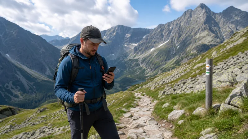 Hiker checking a phone on a marked trail in the Polish Tatra Mountains.