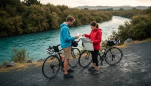 Tourists using mobile internet during a cycling trip beside the Waikato River near Taupo