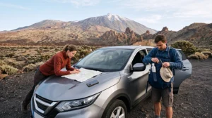 Travellers preparing offline maps and mobile internet for a visit to Teide National Park in Tenerife