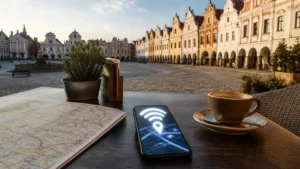 Tourist internet planning in Telč’s historic square.