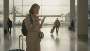 Tourist using mobile internet at Tenerife Airport after arrival in Canary Islands