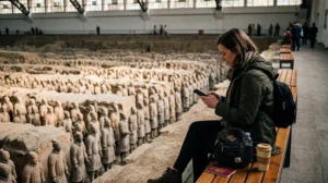 Tourist using mobile internet while visiting the Terracotta Warriors