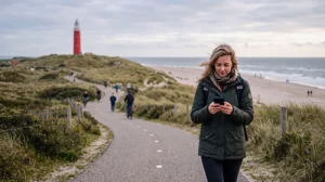 Tourist using mobile internet while exploring Texel island in the Netherlands