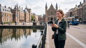 Tourist using mobile internet while exploring The Hague in the Netherlands