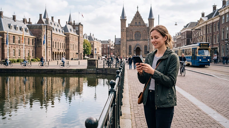 Tourist using mobile internet while exploring The Hague in the Netherlands