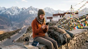 Tourist using mobile internet while traveling in Tibet