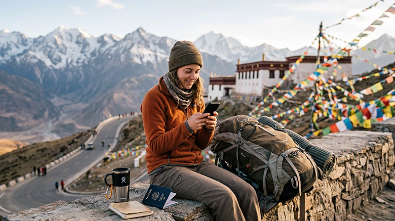 Tourist using mobile internet while traveling in Tibet