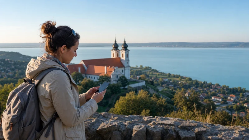 Tourist checking travel information on a smartphone near Tihany Abbey, Hungary