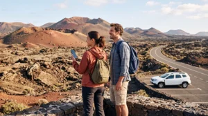 Tourists using mobile internet while visiting Timanfaya National Park in Lanzarote