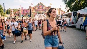 Festival traveller using mobile internet while travelling to Tomorrowland Belgium