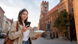 Traveller using mobile internet in Toruń Old Town.