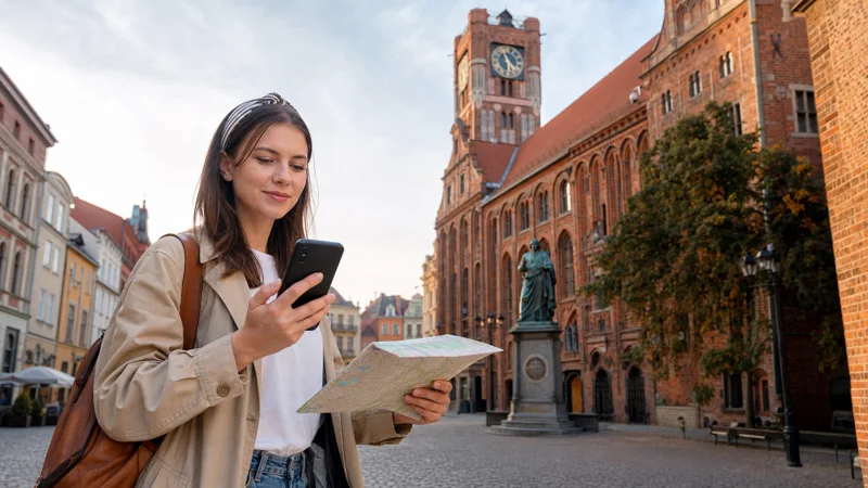 Traveller using mobile internet in Toruń Old Town.