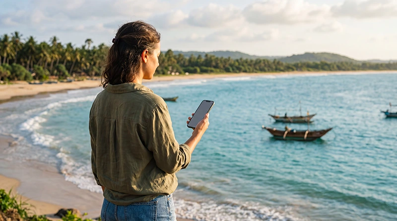 Tourist using mobile internet while exploring the coast near Trincomalee in Sri Lanka