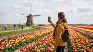 Tourist using mobile internet while visiting tulip fields in the Netherlands