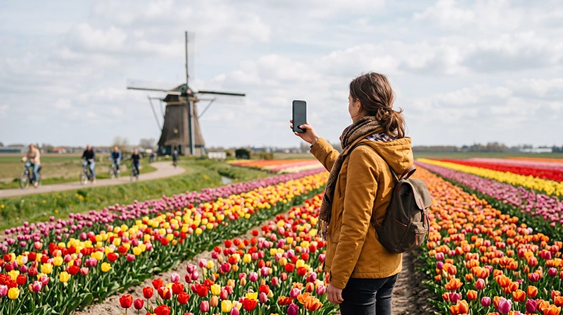 Tourist using mobile internet while visiting tulip fields in the Netherlands
