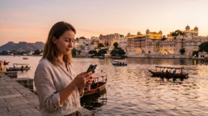 Tourist using mobile internet in Udaipur with an India eSIM