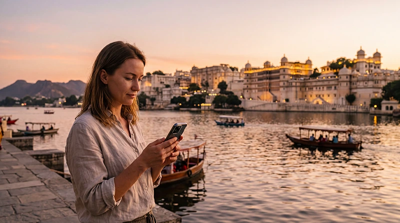 Tourist using mobile internet in Udaipur with an India eSIM