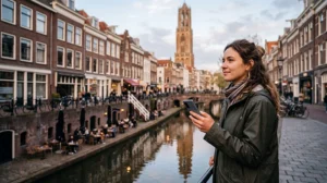 Tourist using mobile internet while exploring Utrecht in the Netherlands