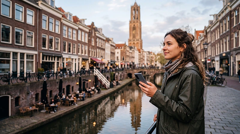 Tourist using mobile internet while exploring Utrecht in the Netherlands