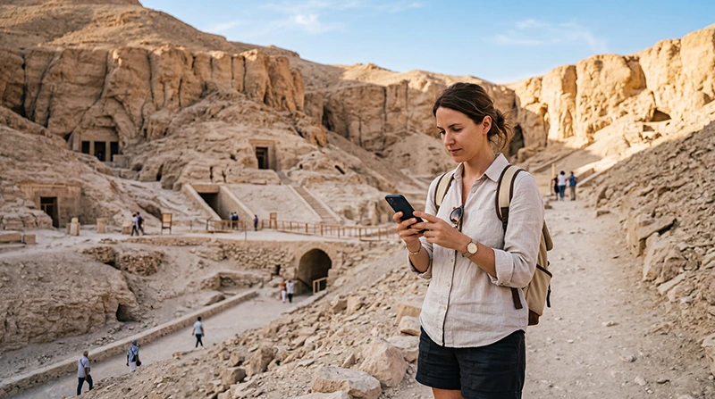 Tourist using mobile internet while visiting the Valley of the Kings in Egypt