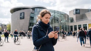 Tourist using mobile internet while visiting the Van Gogh Museum in Amsterdam