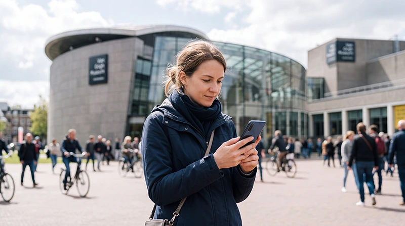 Tourist using mobile internet while visiting the Van Gogh Museum in Amsterdam