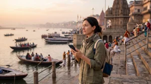 Tourist using mobile internet in Varanasi with an India eSIM