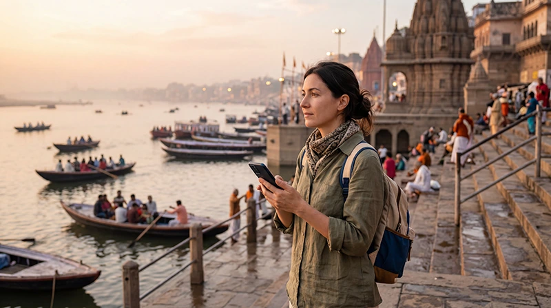Tourist using mobile internet in Varanasi with an India eSIM