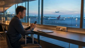 Traveller using airport internet beside the runway at Vienna Airport