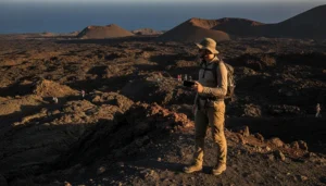 Traveller using mobile internet on a smartphone during a volcano tour in the Canary Islands