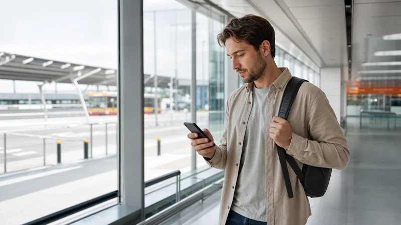 Traveller checking mobile internet after arriving at Warsaw Airport.
