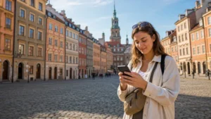 Traveller using mobile internet near Warsaw Old Town.