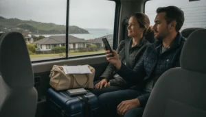 Travellers arranging mobile internet while leaving Wellington Airport for the city