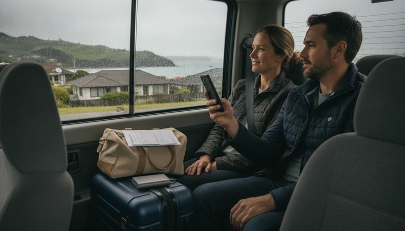 Travellers arranging mobile internet while leaving Wellington Airport for the city