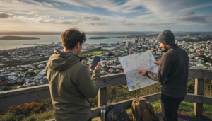 Tourists using mobile internet while exploring Wellington and its harbour