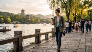 Tourist using mobile internet while visiting West Lake in Hangzhou