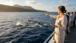 Traveller using mobile internet on a smartphone during a whale-watching boat tour in the Canary Islands