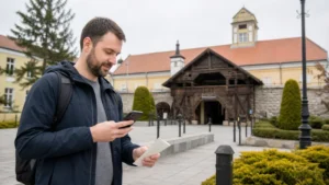 Traveller checking a phone outside the Wieliczka Salt Mine entrance.
