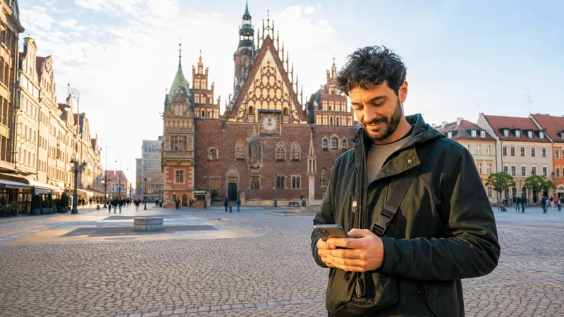 Traveller using mobile internet near Wrocław Market Square.