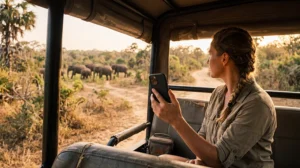 Tourist using mobile internet during a safari in Yala National Park, Sri Lanka