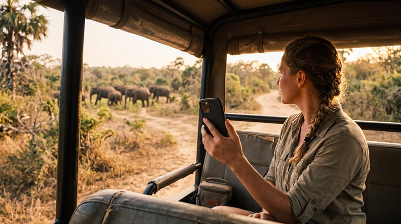 Tourist using mobile internet during a safari in Yala National Park, Sri Lanka