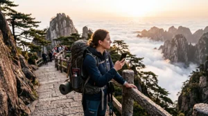 Tourist using mobile internet while visiting Huangshan Yellow Mountain