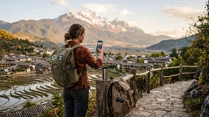 Tourist using mobile internet while traveling in Yunnan Province